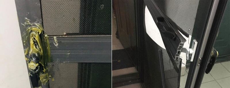 左图:戴志超的大门、锁头都被涂上强力胶。(教会信徒提供) 右图:住所大门外的铁砂网被破坏。(教会信徒提供)