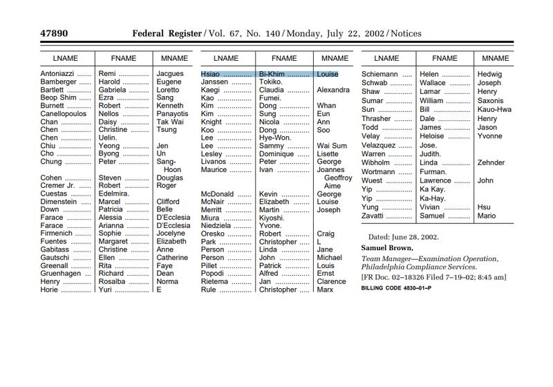 美国联邦政府公报显示,Hsiao Bi-khim于2002年放弃美国国籍。(美国联邦政府公报截图)