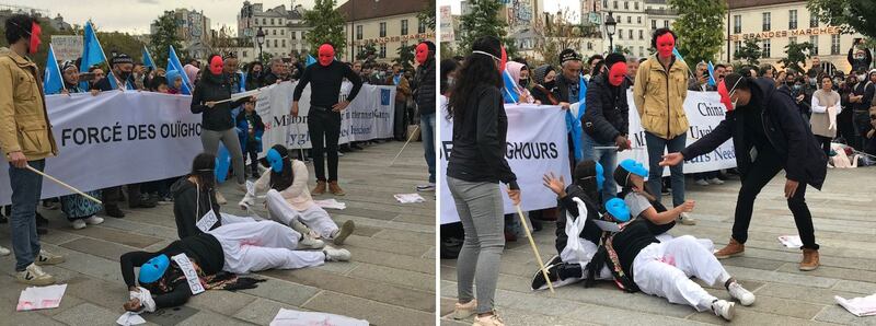 为抗议中国在新疆针对维吾尔人施行的种族灭绝政策,欧洲维吾尔研究所和几个欧洲维吾尔侨民组织, 2 日下午在巴士底广场发起示威游行活动。(记者蔡凌提供)