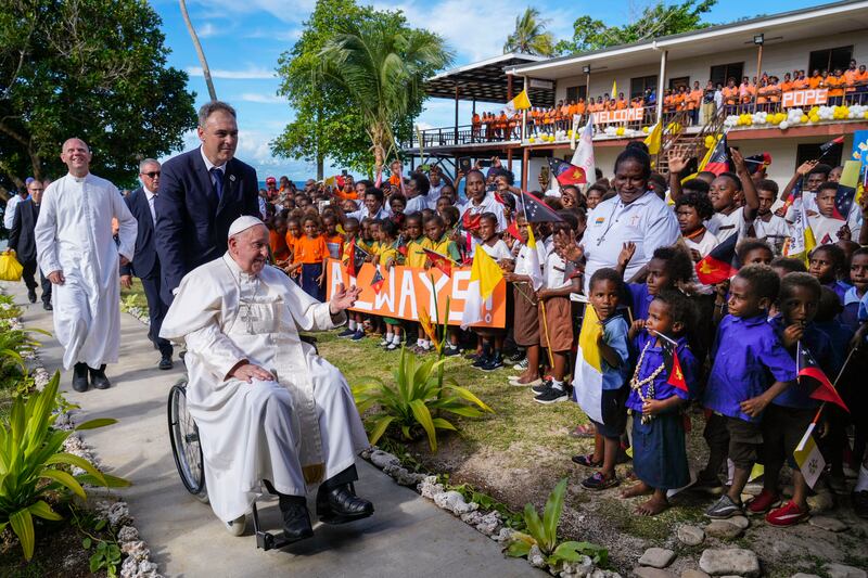Pope Francis arrives at the Holy Trinity Humanistic School in Baro, near Vanimo, Papua New Guinea, Sept. 8, 2024.