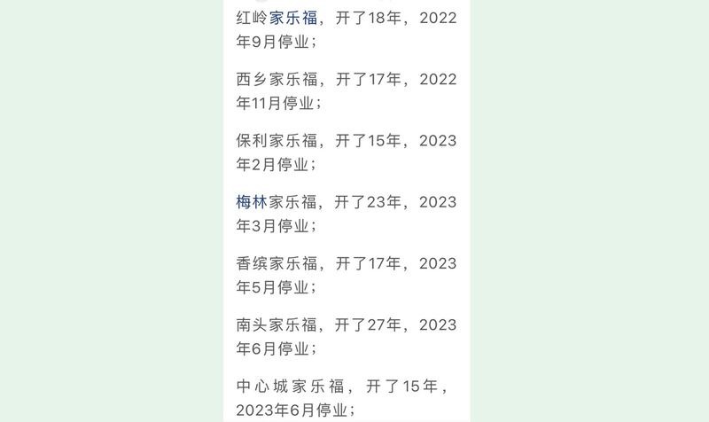 深圳家乐福分店均已关闭。(网络截图/古亭提供)