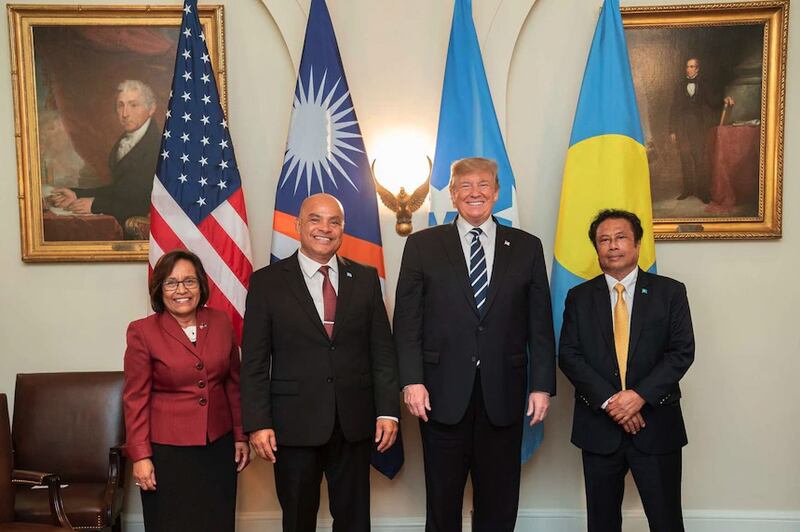 Then-President Donald Trump meets with, from left, Marshall Islands President Hilda Heine, Federated States of Micronesia President David Panuelo and Palau President Tommy Remengesau on May 21, 2019.