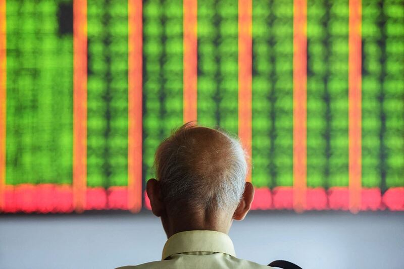 一名投资者在一片绿的股票信息电子屏前(法新社)