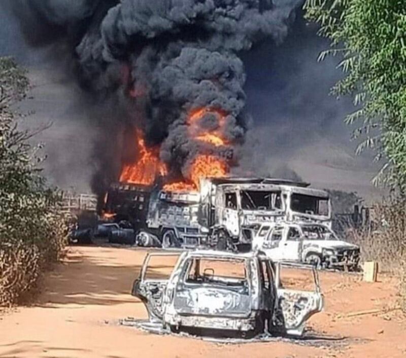 Vehicles burn after Myanmar junta soldiers massacred and incinerated the bodies of about 40 civilians, including two aid workers from Save the Children, in Hpruso on Dec. 24, 2021. When the KNPLF tried to intervene and secure the release of detained civilians, the military killed four of their members. Credit: Karenni Nationalities Defense Force