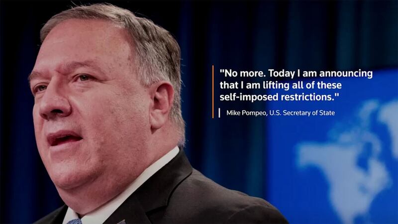 美国国务卿蓬佩奥宣布取消美国官员对台接触的所有限制(路透社视频截图)