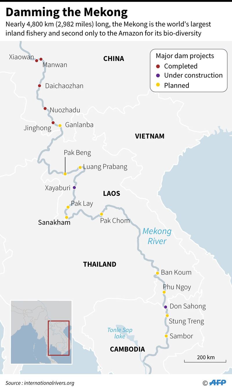This map published by AFP shows the locations of hydropower projects in various stages of completion along the Mekong River.