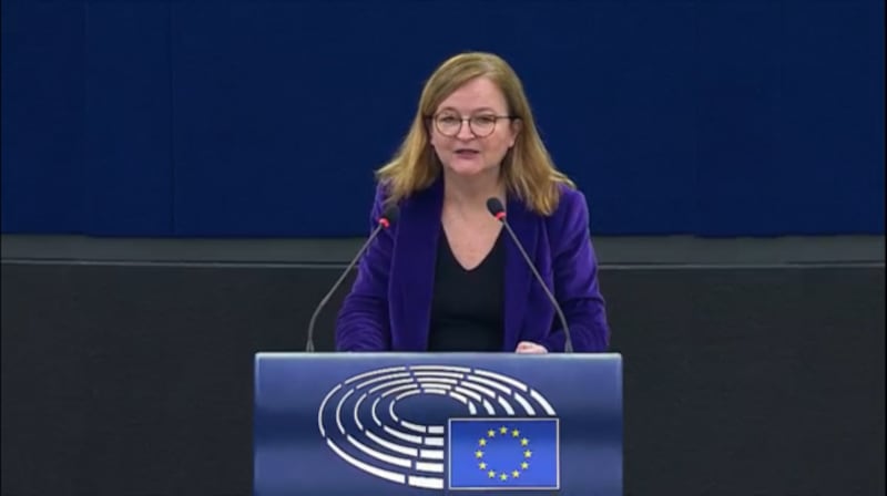 法国议员卢瓦索(Nathalie Loiseau)强调欧洲面临的新威胁,包括与中国相关的经济胁迫、虚假宣传和窃盗知识产权等。(蔡凌拍摄 网站 会议)