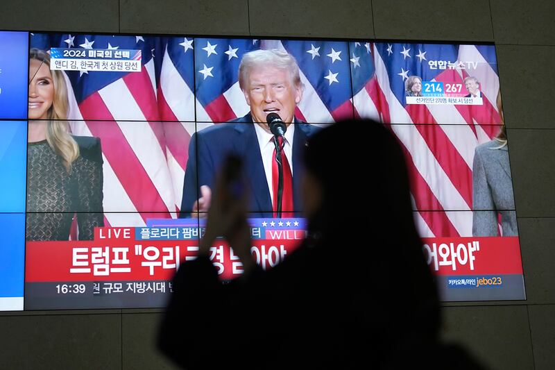 Remarks by Republican presidential nominee former President Donald Trump are shown on a news program in Seoul, Nov. 6, 2024.