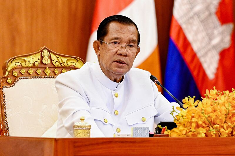 Cambodia’s Senate President Hun Sen speaks during the Senate’s first meeting in Phnom Penh, April 3, 2024.