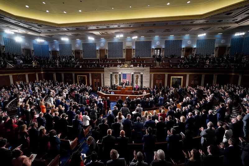 2023年4月27日,在美国国会大厦,韩国总统尹锡悦在美国参众两院联席会议上发表演讲。(美联社)