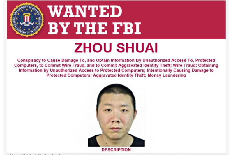 The 'Wanted by the FBI' poster for Chinese hacker Zhou Shuai, also known as Coldface and Coldface Chow.