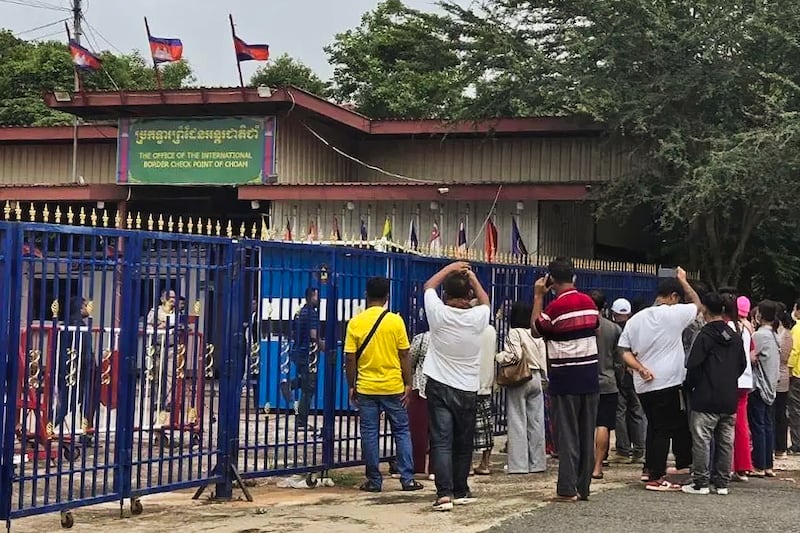 In this image released by the Buriram, Thailand, provincial office on June 23, 2025, shows people unable to cross from the Thai side into Cambodia at Chong Sa Ngam border crossing.
