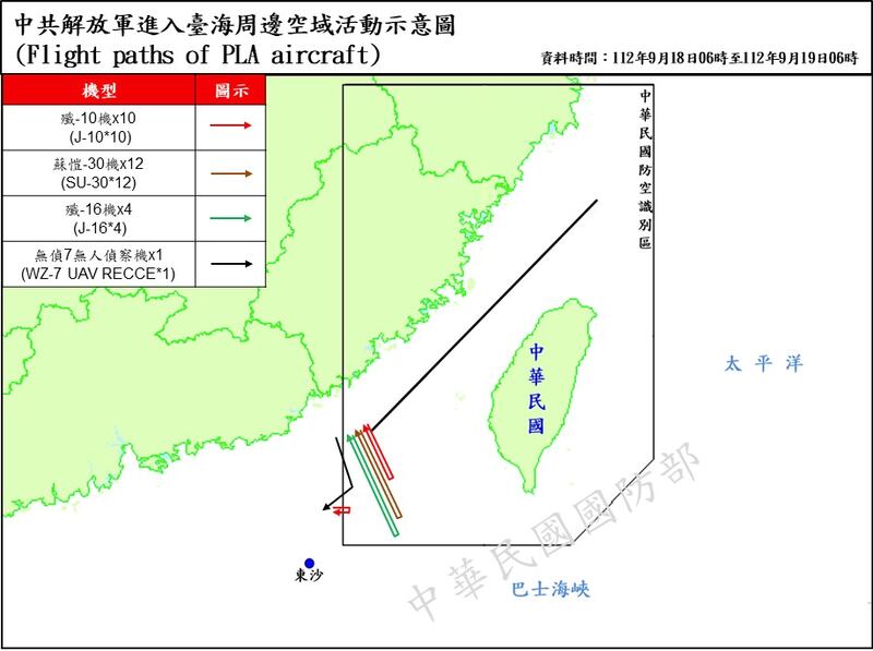 台湾的国防部发布《中共解放军进入台海周边空域活动示意图》显示,中国27架次军机进入台湾西南空域。(台湾的国防部提供)