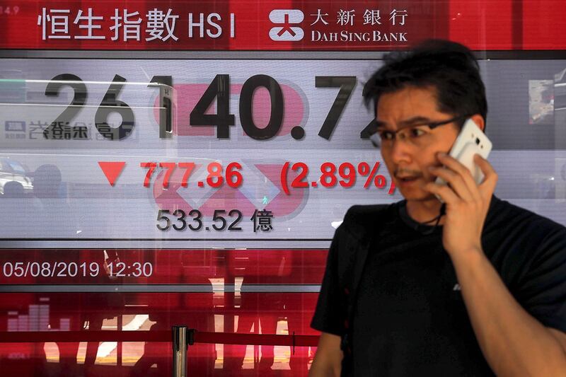2019年8月5日,香港恒生指数(HSI)股票的行情走势。(美联社)