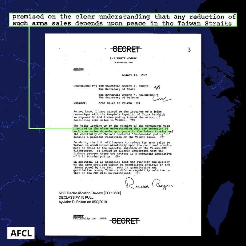 里根总统发给国务卿舒兹与国防部长温柏格的备忘录。图片来源:里根图书馆网站