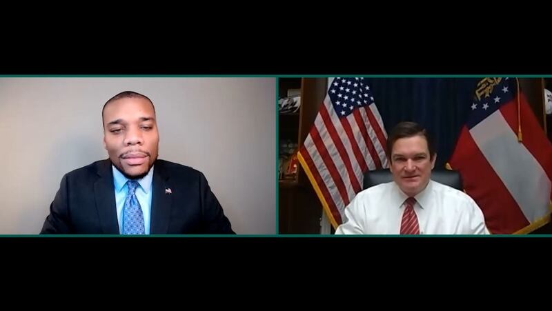 2023年2月1日,美国华盛顿智库哈德逊研究所(Hudson Institute)举办线上研讨会,会上,哈德逊研究所研究员对美国国会共和党众议员奥斯汀·斯科特(Austin Scott)进行专访。(视频截图)