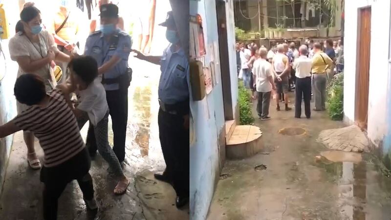 左图:一位拒绝搬迁的信徒被,与政府方人员发生激烈争执。(视频截图); 右图:家住武侯小区的多名基督徒遭到驱赶,有信徒被警察带走。(视频截图)