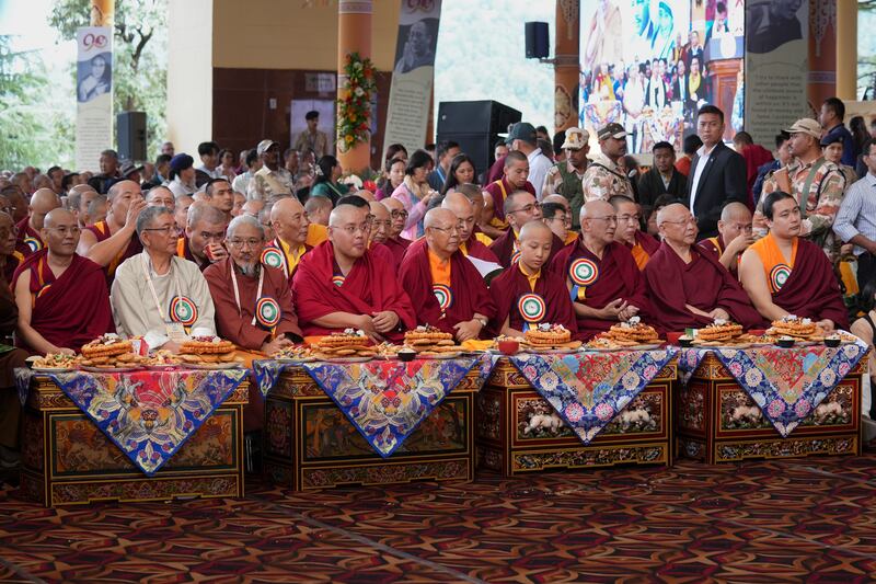 Tibetan Buddhist leaders are seated during celebrations on the 90th birthday of the Dalai Lama at the Main Temple in Dharamsala, India, July 6, 2025.